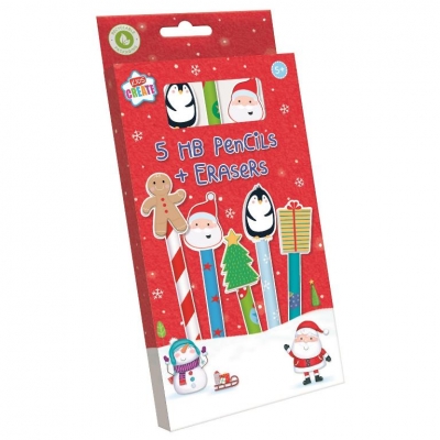 Christmas Activity 5Pk Pencils & Novelty Erasers