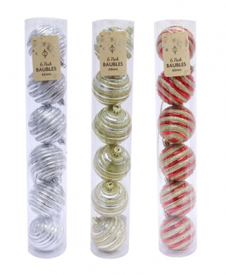 BAUBLES 6pk 60mm GLITTER RIBBED