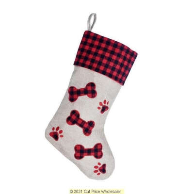 Deluxe Plush Plaid Red Check Bone Stocking 40cm X 25cm