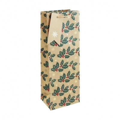 Christmas Kraft Holly Bottle Bag (127Mm X 355Mm X 90Mm)