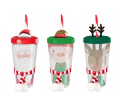 Christmas Festive Re-usable Plastic Cup with Straw