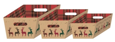 Christmas Reindeer Tartan Hamper Box ( 3 Pack )