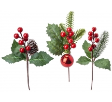 7 Asst. Christmas Floral Picks Red Berries, Holly Leaves, Pine Cone,  Poinsettia
