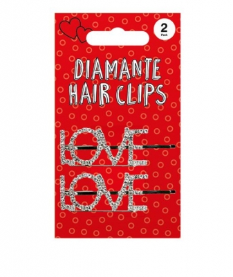 VALENTINE'S DAY METAL 'LOVE' DIAMANTE HAIR CLIPS 2PK