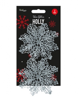 Silver Holly Decoration 12cm - 2 Pack