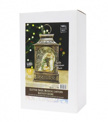 Glitter Swirl Musical Rustic Nativity Lantern LED Usb